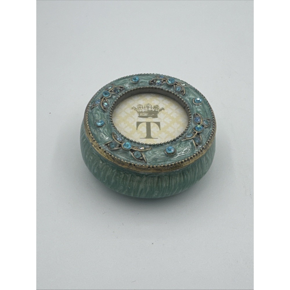 Bejeweled CYAN‎ Blue Round Trinket Box Fairycore Whimsical Dainty